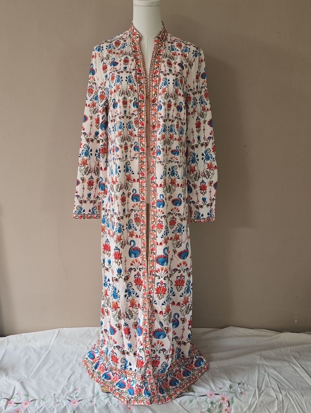 White Floral with Blue Swans Long Coat Jacket